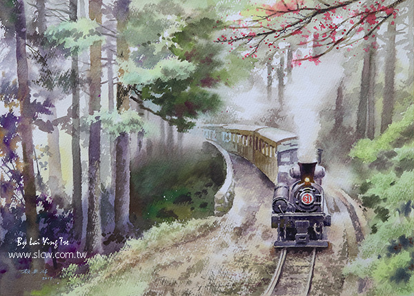 阿里山的汽笛聲_賴英澤 繪_The Whistle of Train No. 31 on Alishan Forest Railway_painted by Lai Ying-Tse